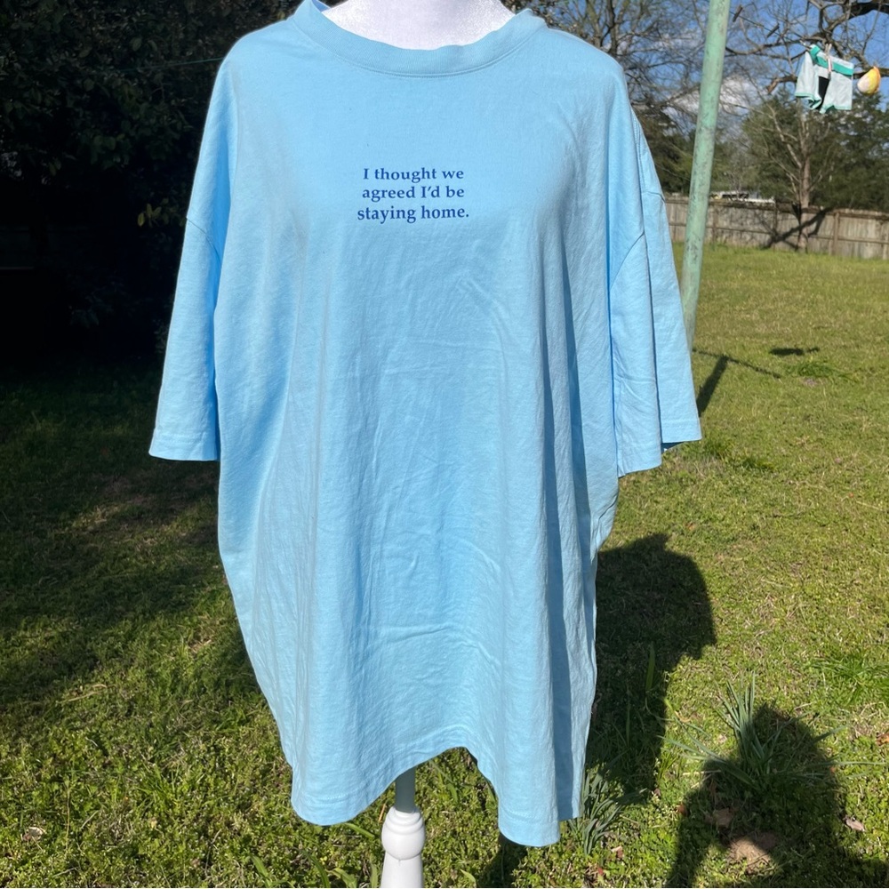 NWT Original Use Graphic T Powder Blue I thought we agreed I'd be staying home.